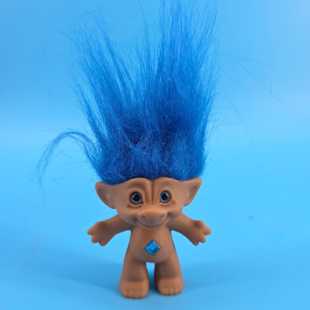 Vintage Ace Novelty Treasure Troll Doll Blue Hair Diamond Belly Gem‎ 3 inch